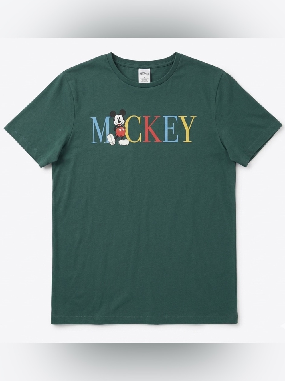 Disney Green Mickey Graphic Tee with Multicolor Lettering